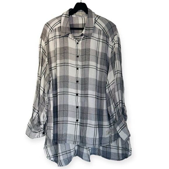 Frye & Co. Gray Plaid Flannel Button Down Hi Lo Shirt Size 2X - Picture 1 of 8